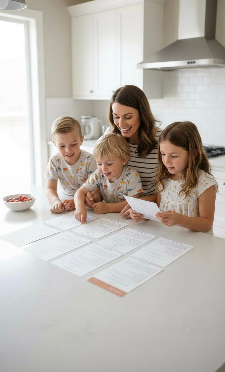 Woman with three children in a kitchen, working on papers together.